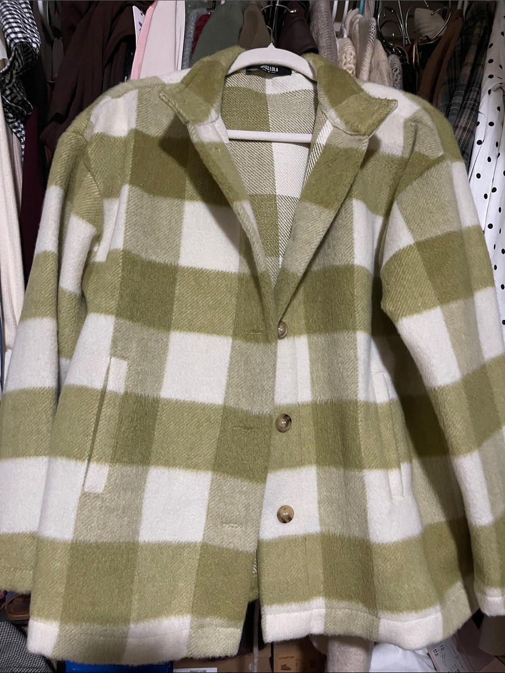 Wool-Blend Plaid Coat Jacket in Olive & Cream - Classic Button Front
